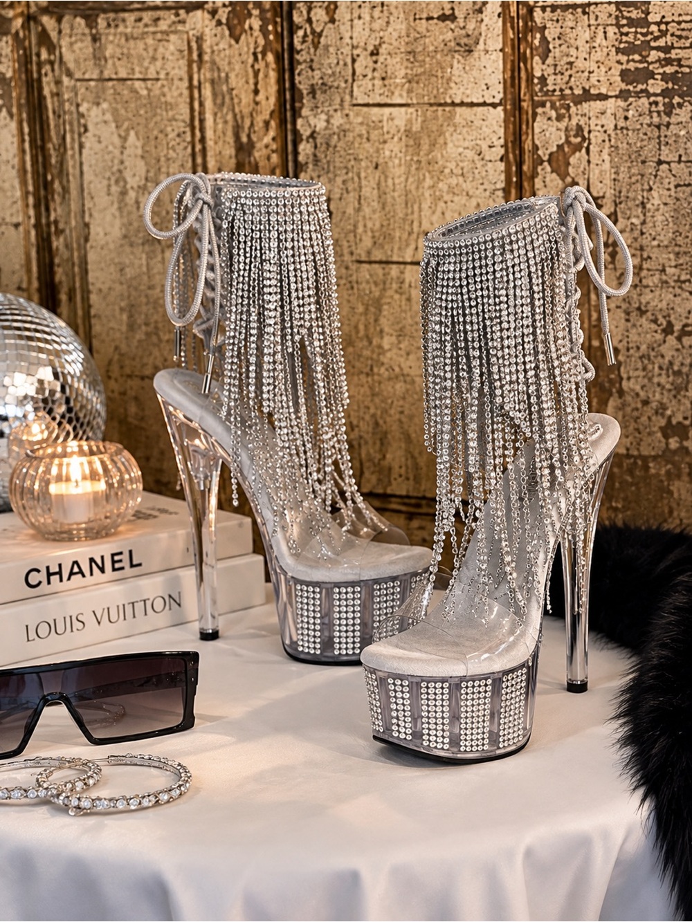 Pleaser Crystal Fringe Platform Heels | Rhinestone Clear Silver | NIB Size 8